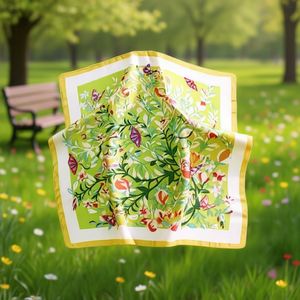 Foulard quadrato piccolo con foglie verdi e fiori 70x70 cm, accessorio moda per donna - Product Image 2
