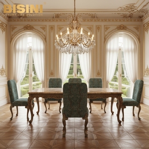 Fauteuil de salle à manger Parisian Prince d'inspiration italienne, avec structure en chêne sculpté et tissu brodé bleu - Product Image 3