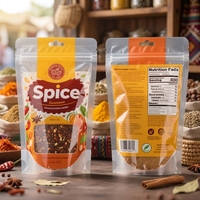 Sachet alimentaire en plastique transparent imprimé sur mesure 250g pour épices, pochette réutilisable à fond plat pour assaisonnements pimentés, ail et autres épices
