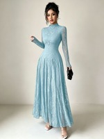 RO9193 Robe longue de soirée islamique de luxe pour femme, en dentelle, col montant, manches longues, coupe ajustée, jupe évasée fluide, style modeste