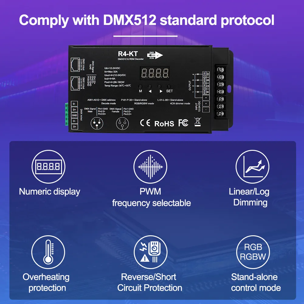 Le plus récent contrôleur led dmx 4 canaux RGB tension constante dmx512 rdm dmx pwm dmx décodeur pour bande led