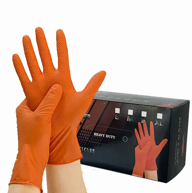 Custom Disposable Black Orange Glove Mechanical Industrial Grip Thick Diamond Patten Rubber Hand Diamond Nitrile Gloves