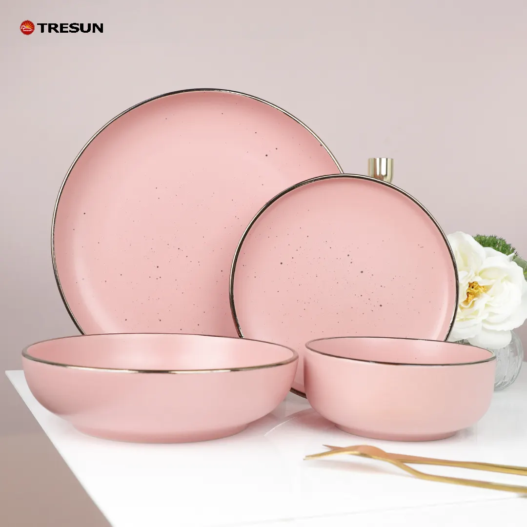 China 16 Stück Geschirr rustikalen Stein Abendessen Abendessen rosa Teller Sets Geschirr Luxus Keramik Steinzeug Geschirr Sets