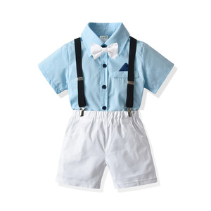 Conjunto de Ropa Casual para Niños Pequeños, Camisa a Rayas con Corbata de Lazo y Tirantes, Pantalones Cortos Blancos de Algodón, Traje de Caballero - Product Image 3