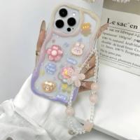 Coque arrière de téléphone portable motif crème avec autocollants DIY mignons Lapin et chaîne pour iPhone 16 Plus 15 17 18 Pro Max