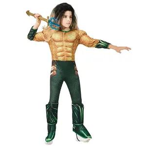 Sẵn Sàng Hàng Hóa Chàng Trai Siêu Anh Hùng Aquaman Cosplay Cơ Bắp Jumpsuit Trang Phục Trẻ Em Halloween Lễ Hội Đảng Dress-up Trang Phục