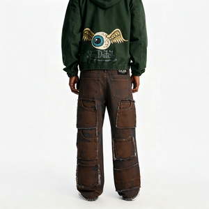 Pantalon en jean taille mi-haute coupe oversize avec rivets décoratifs et multiples poches plaquées, marron délavé, à jambe large, pour le style Hip Hop Punk - Product Image 2