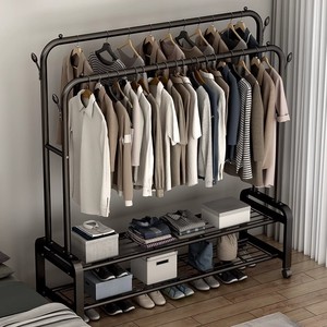 Floor Standing <b>Clothes</b> <b>Rack</b> Rectangle Single Bar Drying <b>Rack</b> For Bedroom Balcony Indoor Use With Storage Shelf - Product Image 1