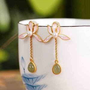 Sterling <b>Silver</b> Hetian Jade Lotus Earrings Women's High-end Retro Fashion Niche Temperament Light Luxury Earrings Earrings - Product Image 2