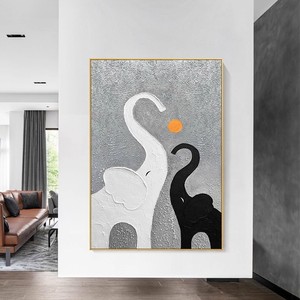 Auspicious Elephant Hand Painted Oil Painting Black White Texture Living Room Entryway Decorative <b>Wall</b> Art Metal <b>Frame</b> - Product Image 4