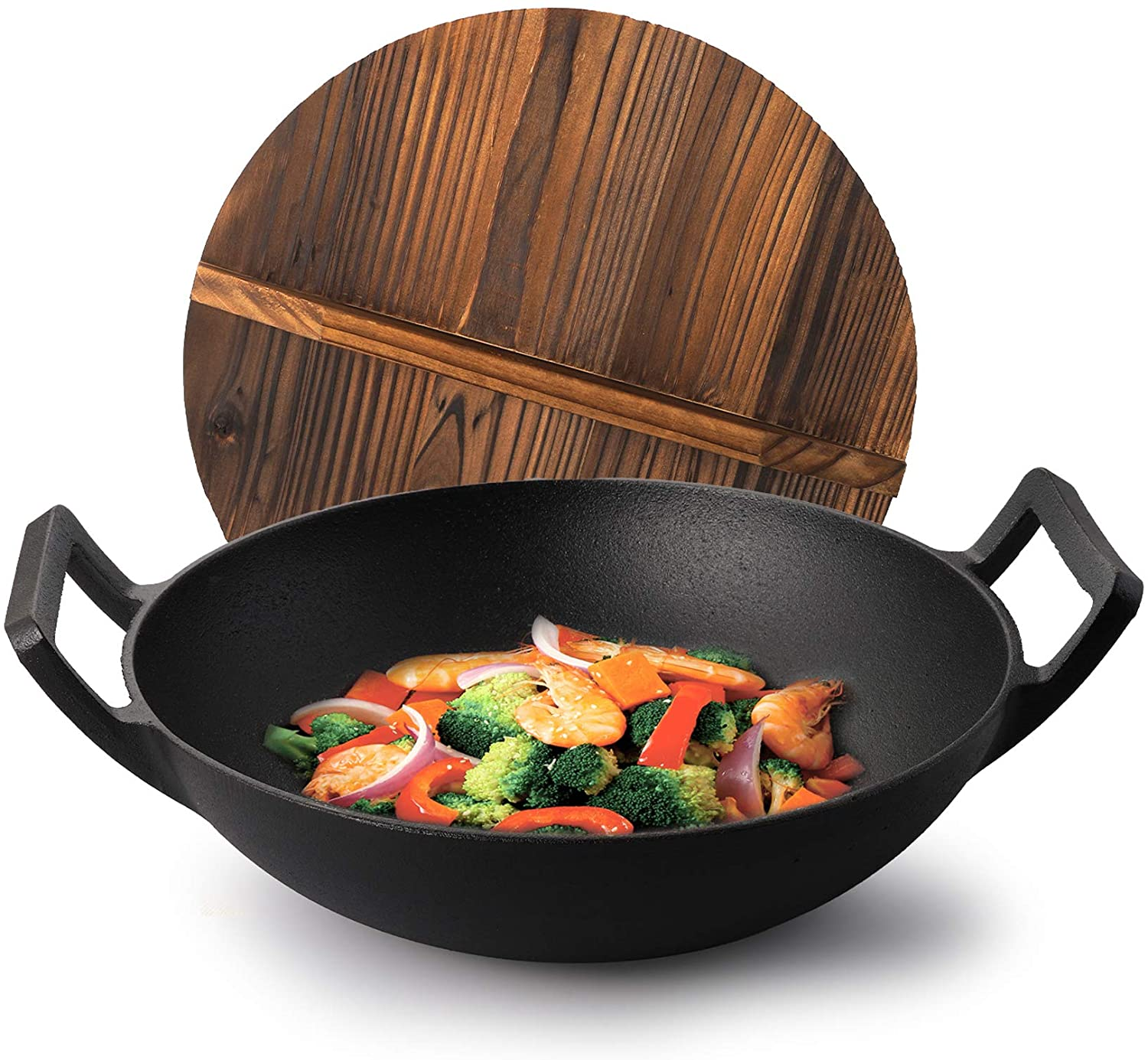 Preseasoned Cast Iron Large Wokwith Double Handle Wooden Lid / Glass Lid acceptable wooden base Test approved Chinese wok