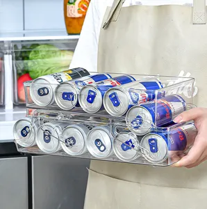 Plastic Refrigerator Organizer Beverage Can Storage Box Foldable 2 Layer Rolling Beer Cans Organizer