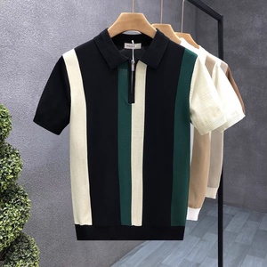 Customized Men's Slim Fit Polo Shirt Breathable Knitted Striped Short Sleeve Top Button Lapel <b>Yarn</b>-dyed Casual Top - Product Image 3