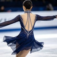 Robe de patinage artistique bleu marine à strass, col montant, dos évidé, manches longues, en maille, pour compétition de patinage sur glace, personnalisable