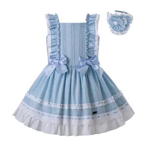 OEM Pettigirl Turkey Kids Dresses with Headband Sleeveless Fashion Toddler Wedding Dress Blue Teen Girls Clothing