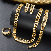 Parure de mariée plaquée or 18 carats avec collier chaîne cubaine, bracelet, bague et boucles d'oreilles, motif floral, style classique, zircon, pour fiançailles et fêtes