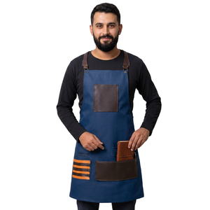 Tablier de coiffeur professionnel robuste en jean bleu avec accents en cuir et bretelles croisées, capes et tabliers de barbier - Product Image 4
