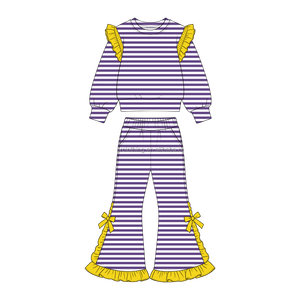 Conjunto de sudadera de 2 piezas para niños, jersey con volantes a rayas azules y pantalones acampanados con lazo naranja, trajes para niñas, primavera - Product Image 2