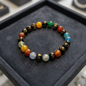Bracelet multicolore fait à la main avec perles rondes gravées en agate, bouddhisme Om Mani Padme Hum, 7 chakras, guérison par les cristaux Reiki - Product Image 1