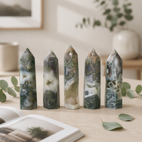 Tours d'agate mousse polies vertes, points de cristal porte-bonheur pour la guérison Reiki, pour la décoration artistique et la collection à domicile