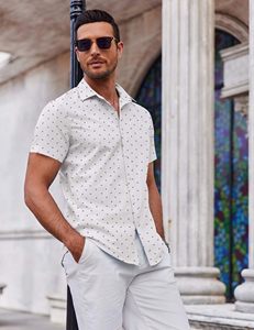 Men's White Short Sleeve Stand Collar Button Shirt Custom <b>Mini</b> <b>Print</b> Casual Summer Beach Breathable Knitted Soft - Product Image 2