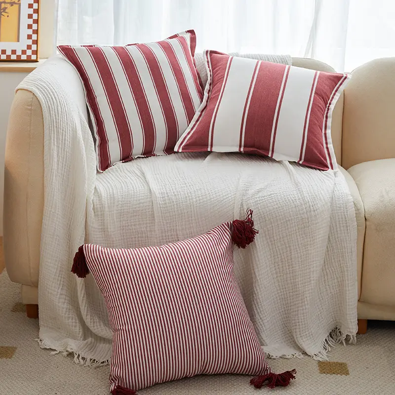 Modern Home Decor Wholesale Red White Stripe Woven Soft Cushion Cover Throw Pillow Cases