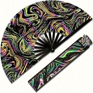 Abanico Plegable de Bambú Holográfico Iridiscente Grande para Fiestas, con Funda, para Hombre/Mujer - Product Image 1