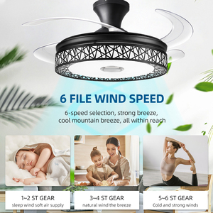 Temperatura de color cambiable 6 velocidades Led negro Control remoto retráctil <span class=keywords><strong>Bluetooth</strong></span> música ventilador de techo de lujo - Product Image 6