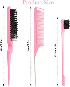 Lot de 3 peignes de coiffure personnalisés <span class=keywords><strong>pour</strong></span> salon, brosse démêlante en nylon rose, brosse de contrôle <span class=keywords><strong>des</strong></span> bords, ensemble de peignes à queue de rat - Product Image 2