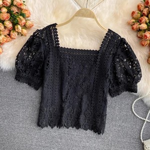 Top court à manches bouffantes en dentelle ajourée, style niche M <span class=keywords><strong>L</strong></span> Design Sense, <span class=keywords><strong>haut</strong></span> féminin taille haute et girly - Product Image 4
