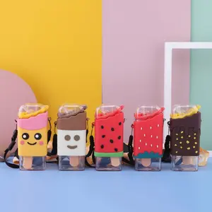 Özel toptan sevimli karikatür dondurma çocuk kayış ile taşınabilir Bpa ücretsiz plastik şişe moda Popsicle saman su bardağı