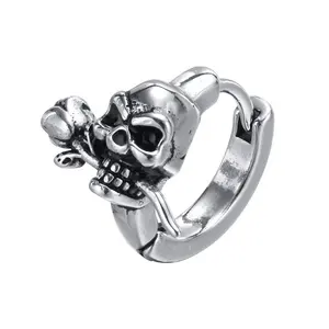 Großhandel Custom Vintage Edelstahl Ohrring Schmuck Herren Rose Flower Skull Ohrring für Herren