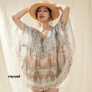 Enyami özel Logo kadın giyim damla omuz etnik baskılı şifon bluz plaj kapak Up son elbise tasarımları resimleri