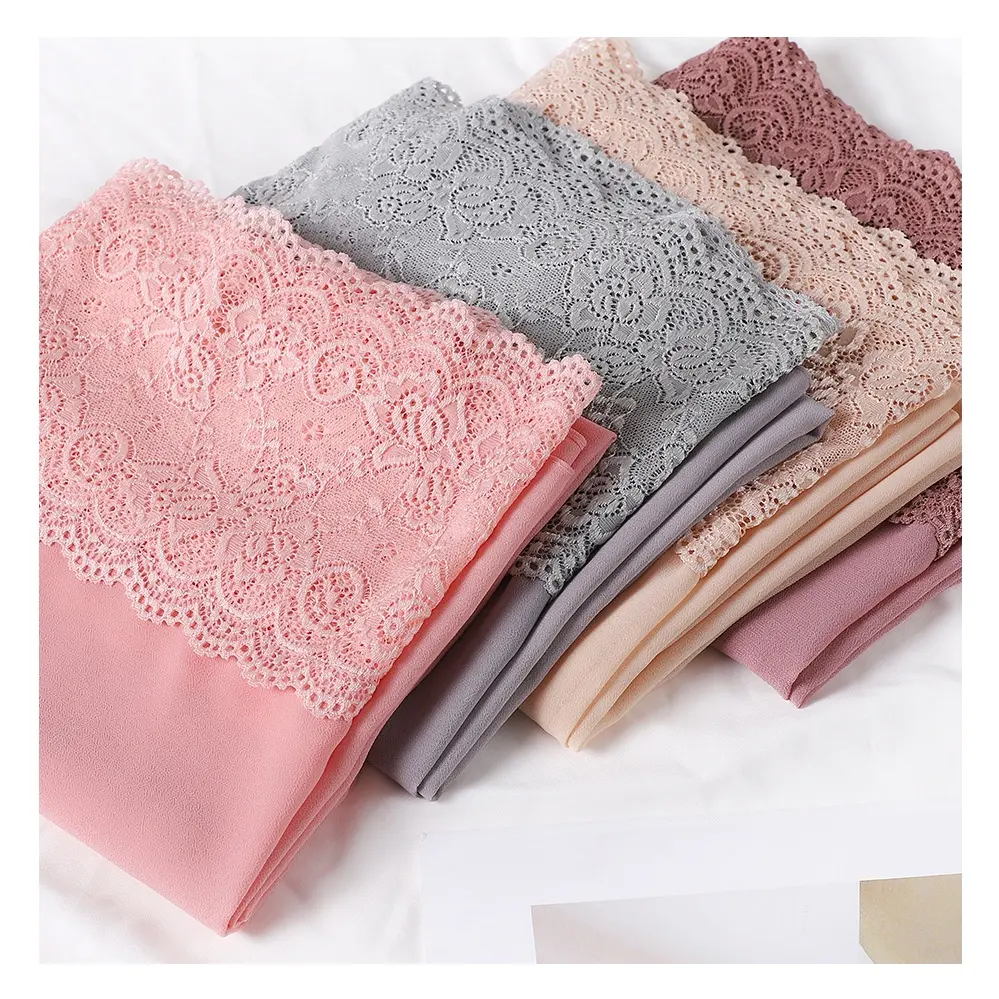 High Quality Summer Factory Wholesale Malaysia New Floral Lace Shawl Scarf Pearl Heavy Chiffon Hijab With Lace