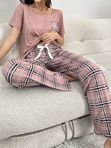 <span class=keywords><strong>Pigiama</strong></span> <span class=keywords><strong>Estivo</strong></span> da Donna a Maniche Corte, Stile Casual Quotidiano, Pantaloni a Quadri, Set <span class=keywords><strong>Pigiama</strong></span> con Top e Pantaloni Lunghi - Product Image 3