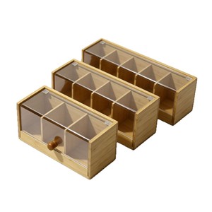 Boîte de rangement pour café et thé en bambou, type grille à rabat, organisateur de bureau transparent, rectangulaire, capacité 18L - Product Image 1