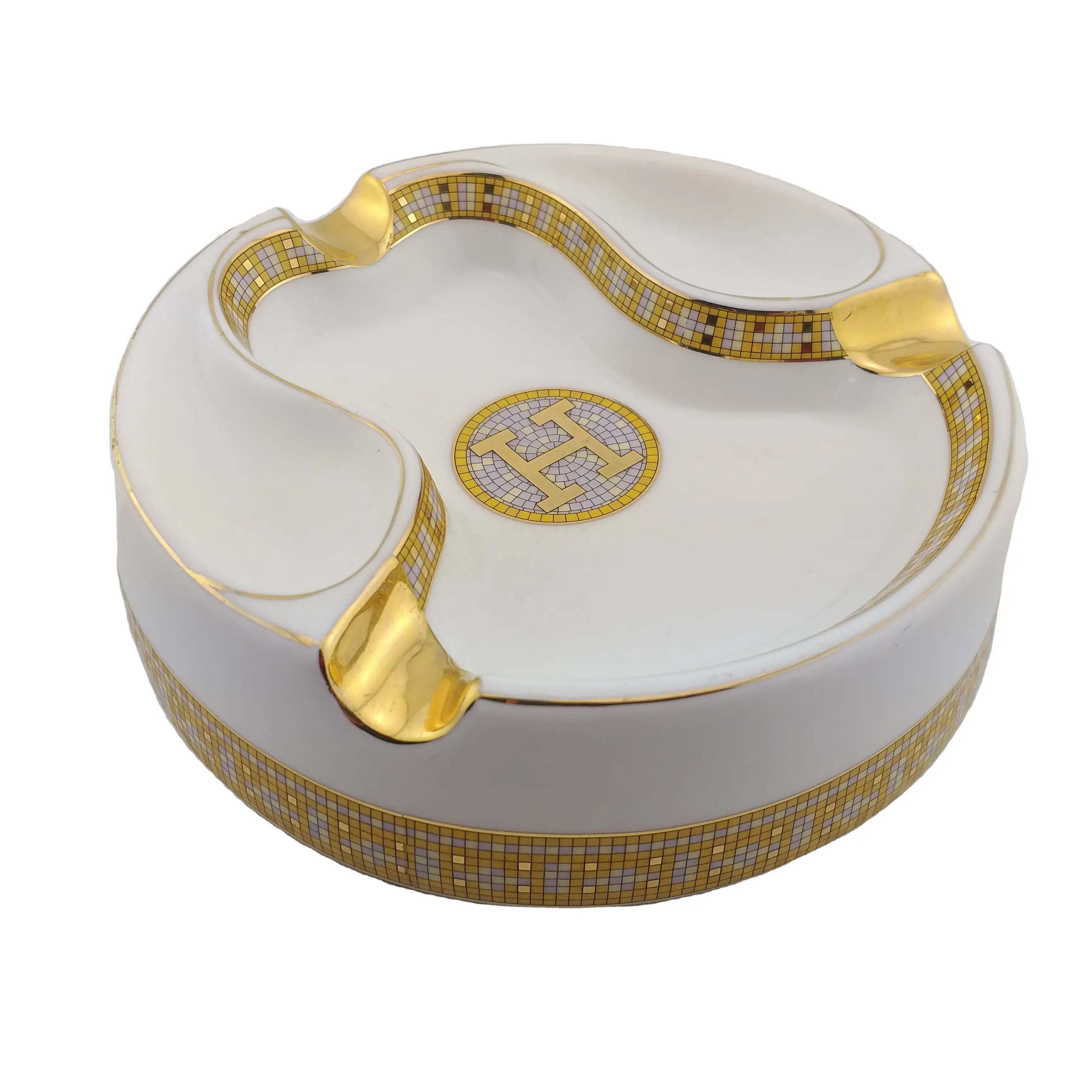 הנמכר ביותר נחמד עיצוב ייחודי עגול מותאם אישית קרמיקה סיגר מאפרה עם לוגו מותאם אישית עם זהב שאר