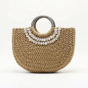 Bolso de mano de playa de papel para mujer, estilo cesta, con asa de anillo y decoración de conchas, tendencia de verano, venta al por mayor - Product Image 1