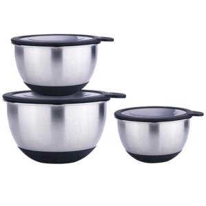 Juego de cuencos para mezclar ensaladas de metal Rorence Kitchen de 3 cuencos Sevring de acero inoxidable con tapa transparente - Product Image 1