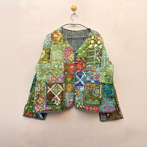 Indian Handmade Silk Kantha Patchwork Printed Stripe Short Cotton Quilted <b>Jacket</b> with Silk Lining Durable Comfort for <b>Women</b> - Product Image 1