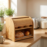 Caja de pan de bambú con tapa enrollable y estante superior sellado de 40 cm para encimera, estilo rústico, nueva.