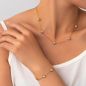 Elegante Juego de Joyería para Mujer de Acero Inoxidable con Turquesa Redonda, Perlas Blancas de Imitación, Collar, Pulsera y Aretes - Product Image 1