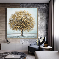 Peinture murale purement peinte à la main, fleur blanche, arbre doré, peinture à l'huile sur pierre, grande œuvre d'art, décoration murale 3D