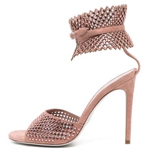 Sandalias de tacón alto de gamuza con correa al tobillo y diamantes para mujer, estilo peep toe, para verano y exteriores - Product Image 1