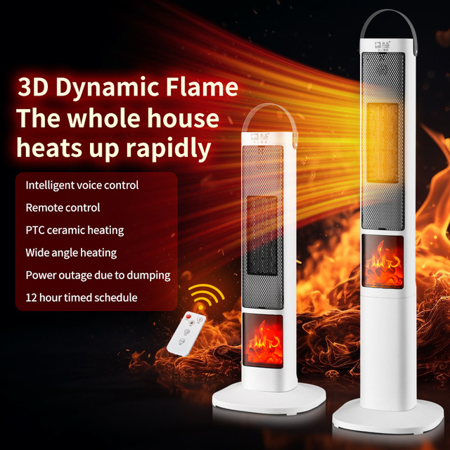 PTC Ceramic Tower Space Heater Flame Effect Portable Electric Heater Voice Remote Control 12H Timer Overheat Protection for Home