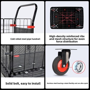 Chariot pliable en acier grillagé à quatre roues avec poignée rouge, chariot de courses silencieux à roulettes, conception de cage à plateau plat - Product Image 4