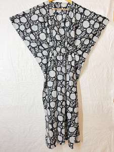 Vestido Kaftán de Algodón con Estampado Floral Blanco y Negro para Mujer, Estilo Boho, Maxi, Holgado, para Playa, Verano, Talla Grande - Product Image 3