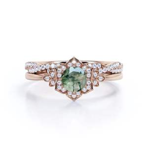 แหวนแต่งงานสไตล์อาร์ตเดโคสำหรับผู้หญิง เงินแท้ 925 ประดับมอสอาเกต 1.25 กะรัต แบบฝังหนามเตย - Product Image 3