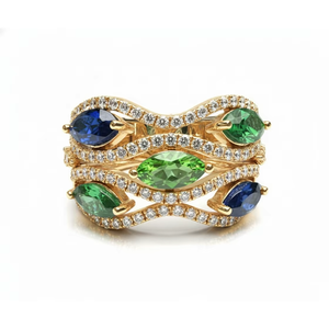 Anillo de Diamantes con Múltiples Piedras Preciosas, Anillo de Diseño en Oro, Estilo Zafiro Azul y Esmeralda, Joyería de Lujo para Boda, Anillo de Declaración - Product Image 1
