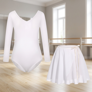 Justaucorps de ballet blanc à manches longues avec jupe pour filles, tenue de performance - Product Image 3